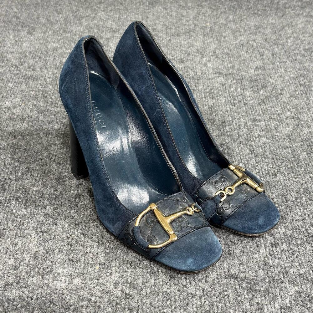 Gucci Shoes Womens 6 Blue Suede Block Heel Horsebit Pumps Made Italy